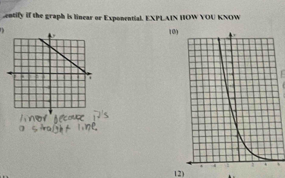 entify if the graph is linear or Exponential. EXPLAIN HOW YOU KNOW 
10) 
12)