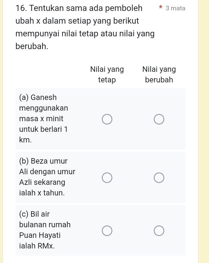 Tentukan sama ada pemboleh 3 mata 
ubah x dalam setiap yang berikut 
mempunyai nilai tetap atau nilai yang 
berubah. 
Nilai yang Nilai yang 
tetap berubah 
(a) Ganesh 
menggunakan 
masa x minit 
untuk berlari 1
km. 
(b) Beza umur 
Ali dengan umur 
Azli sekarang 
ialah x tahun. 
(c) Bil air 
bulanan rumah 
Puan Hayati 
ialah RMx.