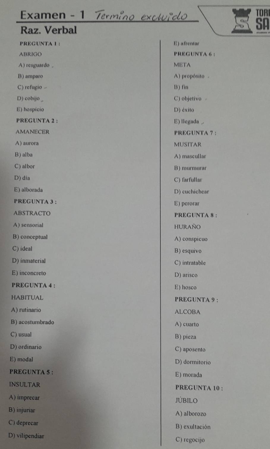 Examen - 1 TORI
Raz. Verbal
SA
PREGUNTA 1 : E) afrentar
ABRIGO PREGUNTA 6 :
A) resguardo 。 META
B) amparo A) propósito
C) refugio B) fin
D) cobijo _ C) objetivo
E) hospicio D) éxito
PREGUNTA 2 : E)llegada_
AMANECER PREGUNTA 7 :
A) aurora MUSITAR
B) alba
A) mascullar
C) albor B) murmurar
D) día C) farfullar
E) alborada D) cuchichear
PREGUNTA 3 : E) perorar
ABSTRACTO PREGUNTA 8 :
A) sensorial huraño
B) conceptual A) conspicuo
C) ideal B) esquivo
D) inmaterial C) intratable
E) inconcreto D) arisco
PREGUNTA 4 : E) hosco
HABITUAL PREGUNTA 9 :
A) rutinario ALCOBA
B) acostumbrado A) cuarto
C) usual B) pieza
D) ordinario C) aposento
E) modal D) dormitorio
PREGUNTA 5 : E) morada
INSULTAR PREGUNTA 10 :
A) imprecar JÚBILO
B) injuriar A) alborozo
C) deprecar B) exultación
D) vilipendiar C) regocijo