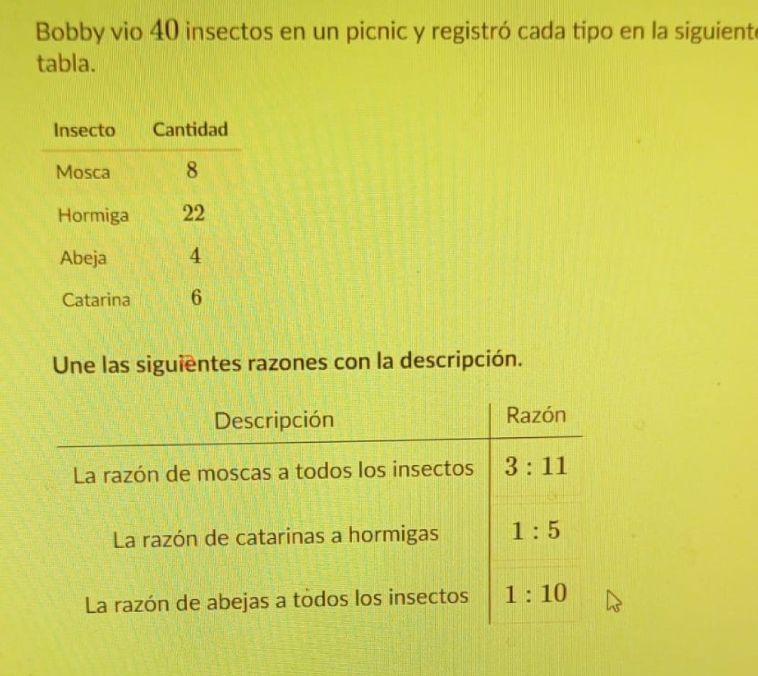 Bobby vio 40 insectos en un picnic y registró cada tipo en la siguient
tabla.
Une las siguientes razones con la descripción.
Descripción Razón
La razón de moscas a todos los insectos 3:11
La razón de catarinas a hormigas 1:5
La razón de abejas a todos los insectos 1:10