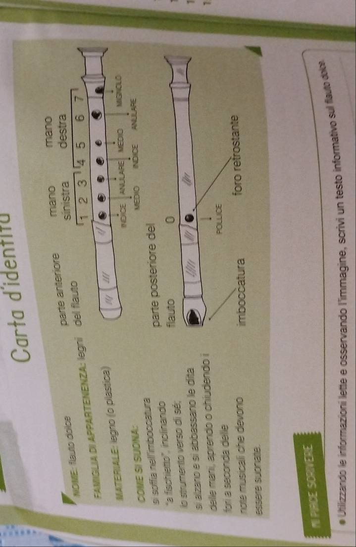 Carta d'identita 
parte anteriore mano mano 
NOME: flauto doice 
sinistra destra
1 2 3 4 5
FAMIGLIA DI APPARTENENZA: legni del flauto 
MATERIALE: legno (o plastica) 6 7
/// 
INDICE ANULARIE MEDIO MIGNOLO 
COME SI SUONA: 
MEDIO INDIICE ANULARE 
si soffia nell'imboccatura 
"a fischietto”, inclinando parte posteriore del 
lo strumento verso di sé; flauto 
0 
sí alzano e sí abbassano le díta 
delle mani, aprendo o chiudendo i 1
fori a seconda delle POLLICE 
note musicali che devonó imboccatura foro retrostante 
essere suonate. 
NI PICE SCRIVERE 
Utilizzando le informazioni lette e osservando l'immagine, scrivi un testo informativo sul flauto dolo