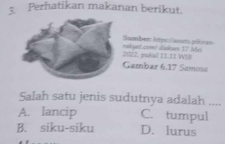 Perhatikan makanan berikut.
Sumber: https://assets.pikiran-
rakyat.com/ diakses 17 Mei
2022, pukul 11.11 WIB
Gambar 6.17 Samosa
Salah satu jenis sudutnya adalah ....
A. lancip
C. tumpul
B. siku-siku D. lurus