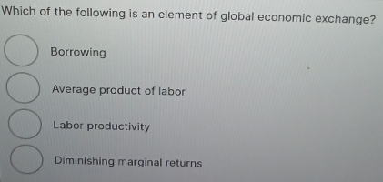 Which of the following is an element of global economic exchange?
Borrowing
Average product of labor
Labor productivity
Diminishing marginal returns