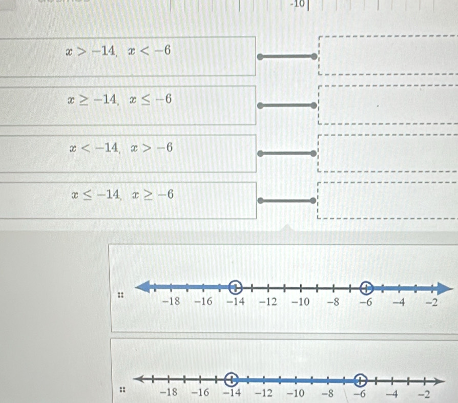 -10
x>-14, x
x≥ -14, x≤ -6
x , x>-6
x≤ -14, x≥ -6