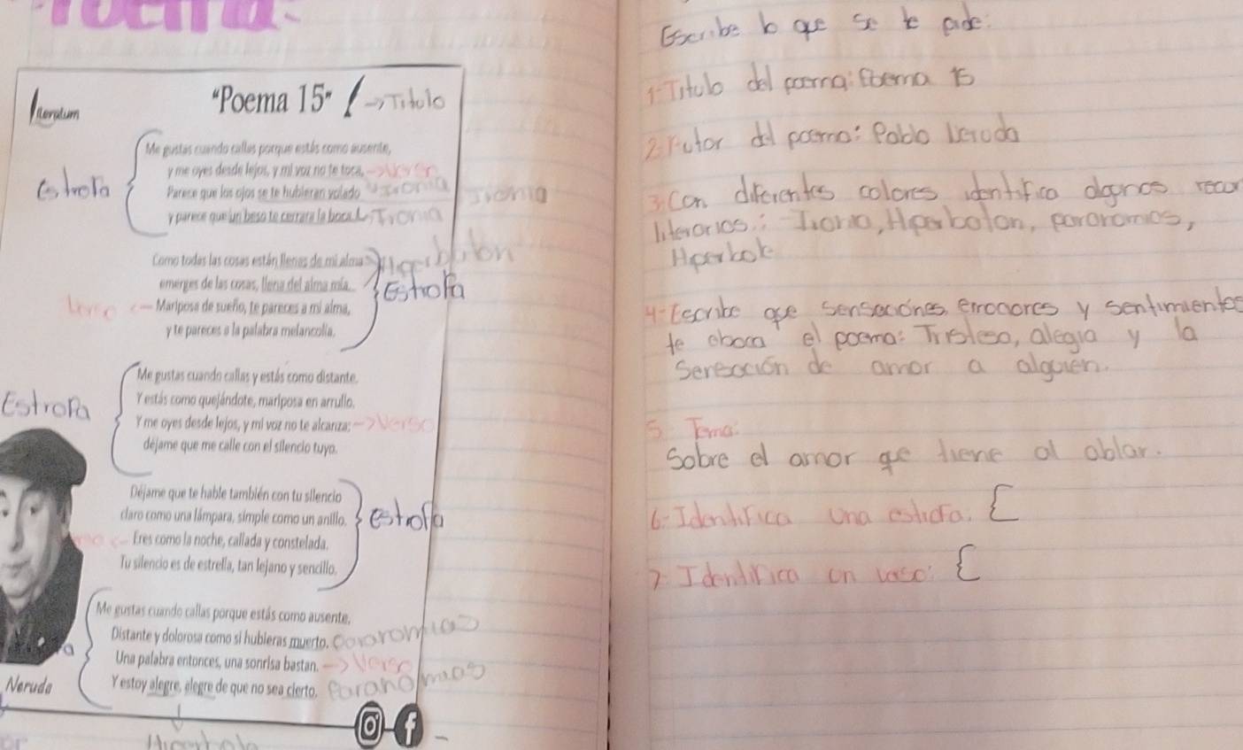 "Poema 15” I 
Me gustas cuando callás porque estás como ausente, 
y me oyes desde lejos, y mi voz no te toca, 
Parece que los ojos se te hubieran volado 
y parece que un beso te cerrara la boca. 
Como todas las cosas están llenas de mi alma 
emerges de las cosas, lena del alma mía... 
— Mariposa de sueño, te pareces a mi alma, 
y te pareces a la palabra melancolia. 
Me gustas cuando callas y estás como distante. 
Y estás como quejándote, mariposa en arrullo. 
Y me oyes desde lejos, y mi voz no te alcanza: 
déjame que me calle con el silencio tuyo. 
Déjame que te hable también con tu silencio 
claro como una lámpara, simple como un anillo. 
... Eres como la noche, callada y constelada. 
Tu silencio es de estrella, tan lejano y sencillo. 
Me gustas cuando callas porque estás como ausente. 
Distante y dolorosa como si hubleras muerto. C 
Una palabra entonces, una sonrisa bastan. 
Neruda Y estoy alegre, alegre de que no sea cierto. 
o