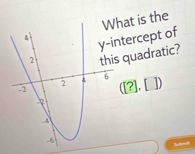 at is the 
tercept of 
quadratic?
([?],[])
Submit