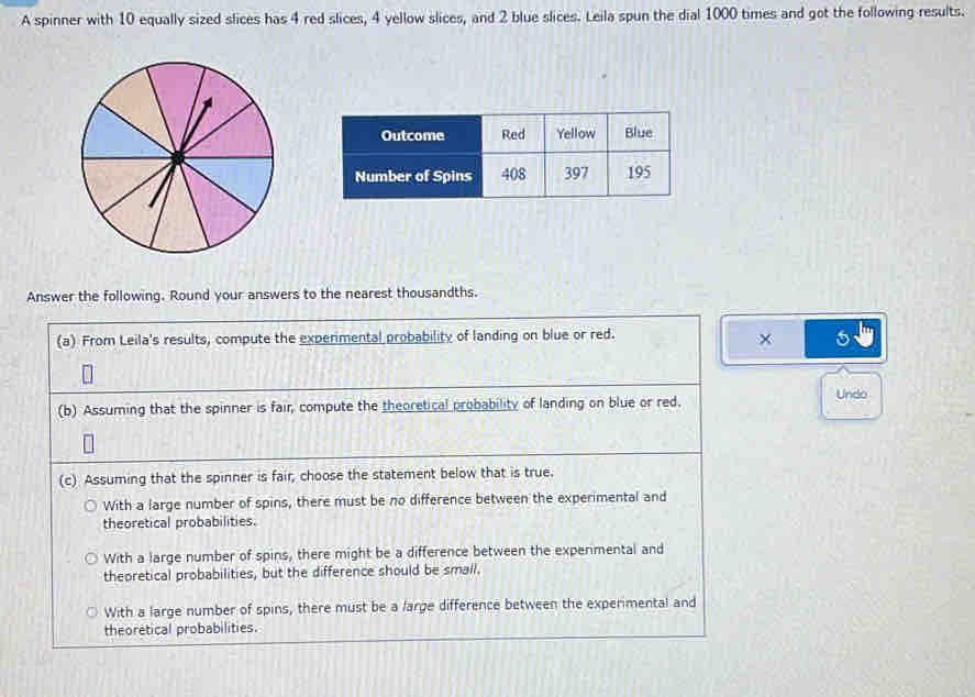 A spinner with 10 equally sized slices has 4 red slices, 4 yellow slices, and 2 blue slices. Leila spun the dial 1000 times and got the following results.
Answer the following. Round your answers to the nearest thousandths.
(a) From Leila's results, compute the experimental probability of landing on blue or red.
× 5
Undo
(b) Assuming that the spinner is fair, compute the theoretical probability of landing on blue or red.
(c) Assuming that the spinner is fair, choose the statement below that is true.
With a large number of spins, there must be no difference between the experimental and
theoretical probabilities.
With a large number of spins, there might be a difference between the expenmental and
theoretical probabilities, but the difference should be small.
With a large number of spins, there must be a large difference between the experimental and
theoretical probabilities.