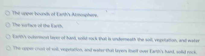 The upper bounds of Earth's Atmosphere.
The surface of the Earth.
Earth's outermost layer of hard, solid rock that is underneath the soil, vegetation, and water
The upper crost of soil, vegetation, and water that layers itself over Earth's hard, solid rock,