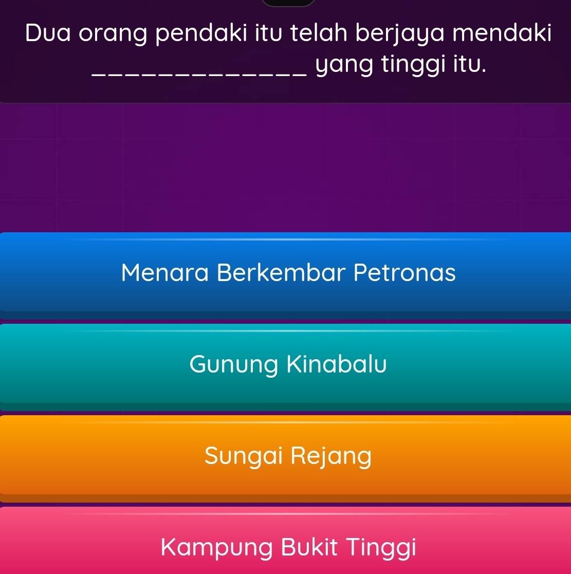 Dua orang pendaki itu telah berjaya mendaki
_yang tinggi itu.
Menara Berkembar Petronas
Gunung Kinabalu
Sungai Rejang
Kampung Bukit Tinggi