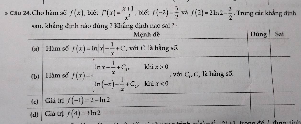 Cho hàm số f(x) ,  biết f'(x)= (x+1)/x^2  , biết f(-2)= 3/2  và f(2)=2ln 2- 3/2 . Trong các khẳng định
k ? Khẳng định nào sai ?
(t)t^2+1 trong đó t được tính