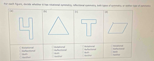 For each figure, decide whether it has rotational symmetry, reflectional symmetry, both types of symmetry, or neither type of symmetry.
(a) (b) (c) (d)
Rotational
Rotational Reflectional Reflectional Rotational Reffectional Rocational
Reflectional Both
Both Neither Neither
Neither Neither Both Both