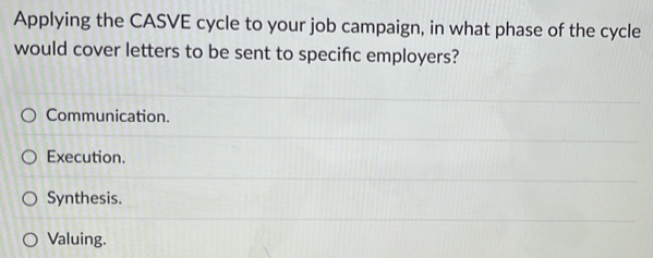 Applying the CASVE cycle to your job campaign, in what phase of the cycle
would cover letters to be sent to specific employers?
Communication.
Execution.
Synthesis.
Valuing.