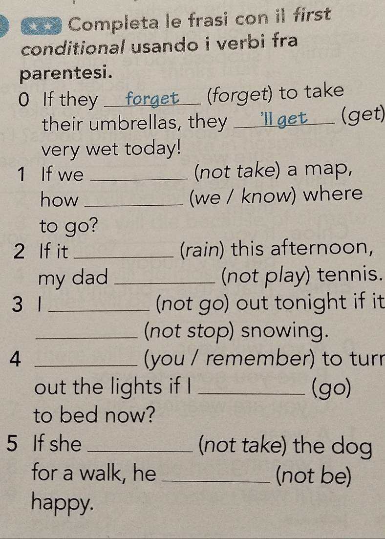 ● Completa le frasi con il first 
conditional usando i verbi fra 
parentesi. 
0 If they __forget_ (forget) to take 
their umbrellas, they __ ll get (get) 
very wet today! 
1 If we _(not take) a map, 
how _(we / know) where 
to go? 
2 If it _(rain) this afternoon, 
my dad _(not play) tennis. 
3 1 _(not go) out tonight if it 
_(not stop) snowing. 
4 _(you / remember) to turr 
out the lights if I _(go) 
to bed now? 
5 If she _(not take) the dog 
for a walk, he _(not be) 
happy.