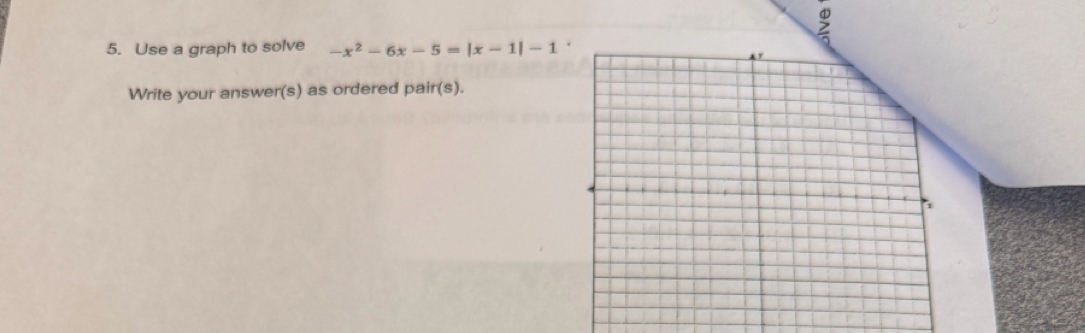 Use a graph to solve -x^2-6x-5=|x-1|-1
Write your answer(s) as ordered pair(s).