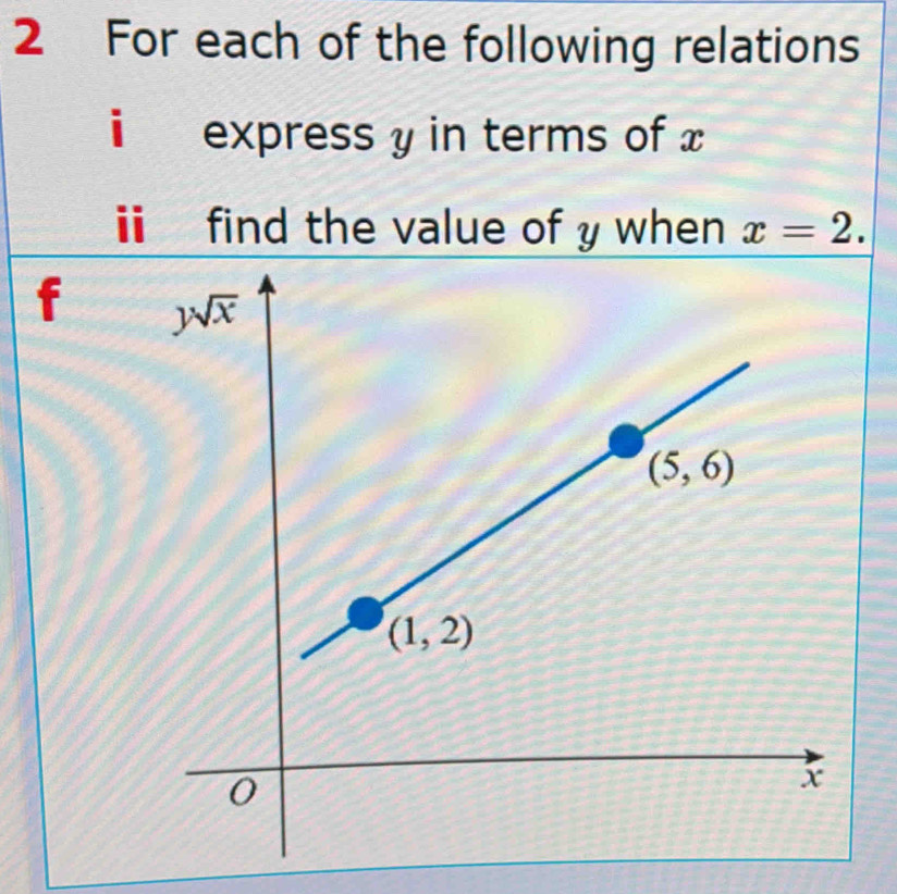 For each of the following relations
i express y in terms of x
ⅱ find the value of y when x=2.
f