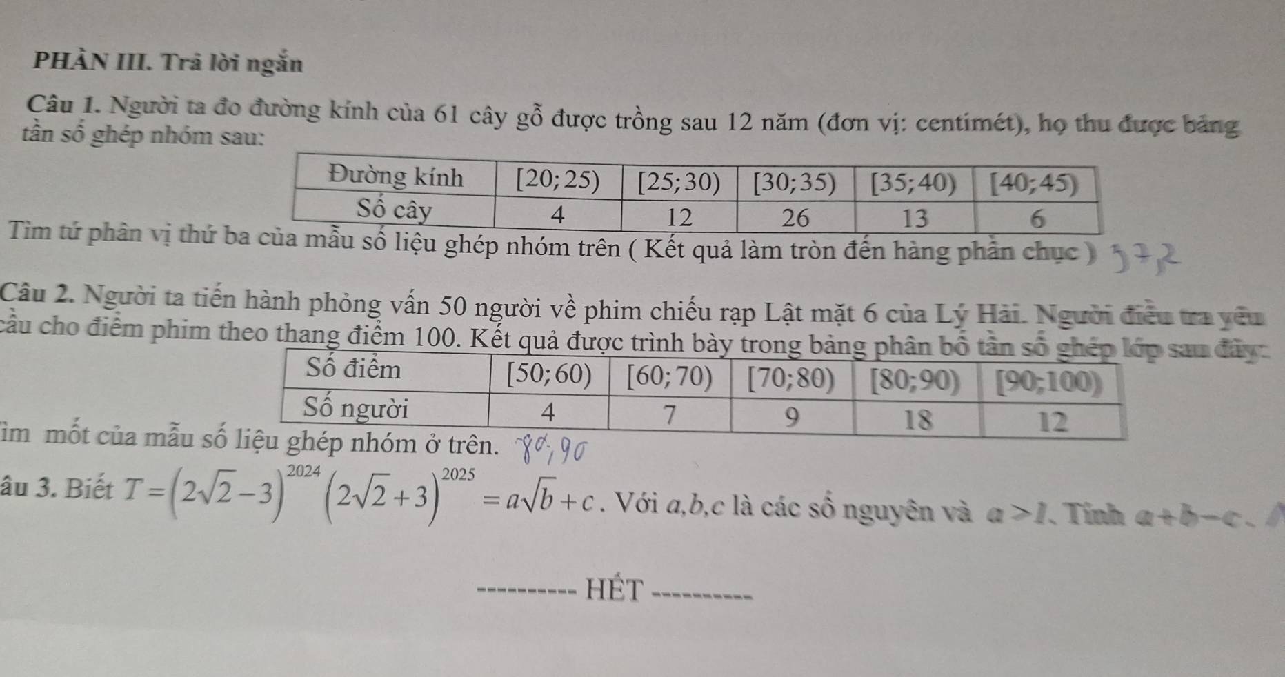 PHÀN III. Trả lời ngắn
Câu 1. Người ta đo đường kính của 61 cây gỗ được trồng sau 12 năm (đơn vị: centimét), họ thu được bảng
tần số ghép nhóm sau:
Tim tứ phần vị thứ ghép nhóm trên ( Kết quả làm tròn đến hàng phần chục )
Câu 2. Người ta tiến hành phỏng vấn 50 người về phim chiếu rạp Lật mặt 6 của Lý Hải. Người điều tra yêu
cầu cho điểm phim theo thang điểm 100. Kết quả được trình bu đây
ìm mốt của mẫu 
âu 3. Biết T=(2sqrt(2)-3)^2024(2sqrt(2)+3)^2025=asqrt(b)+c. Với a,b,c là các số nguyên và a>1. Tính a+b-c-
hÉt