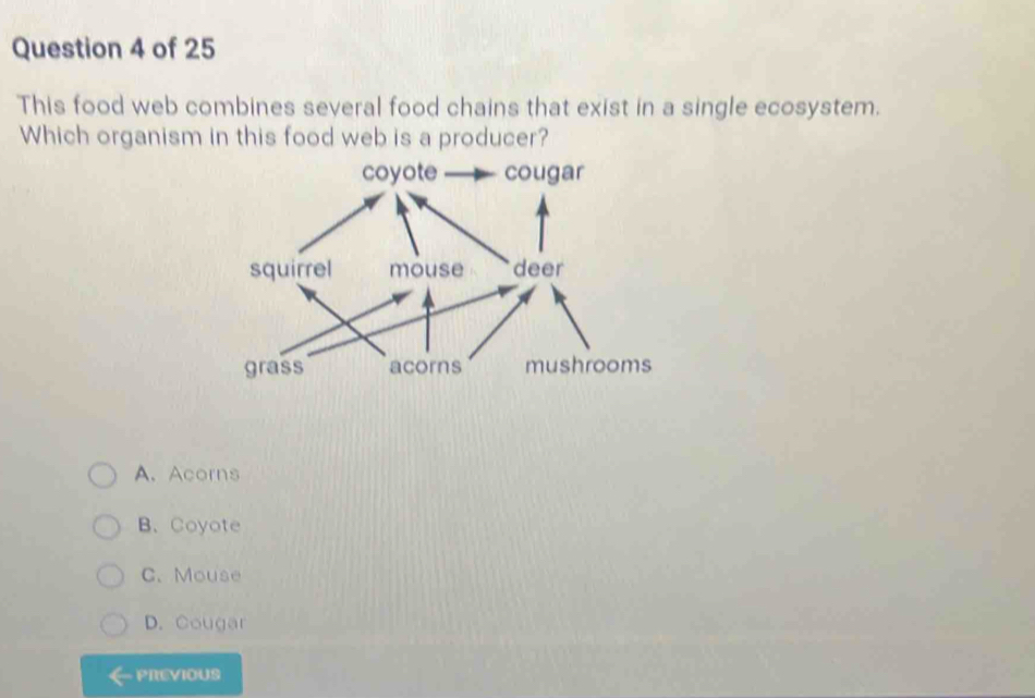 This food web combines several food chains that exist in a single ecosystem.
Which organism in this food web is a producer?
A. Acorns
B. Coyote
C. Mouse
D. Cougar
PREVIOUS