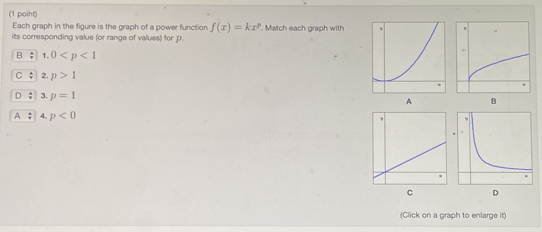 Each graph in the figure is the graph of a power function f(x)=kx^p. Match each graph with
its corresponding value (or range of values) for p.
B 1. 0
C 2. p>1
3. p=1
A 4. p<0</tex>