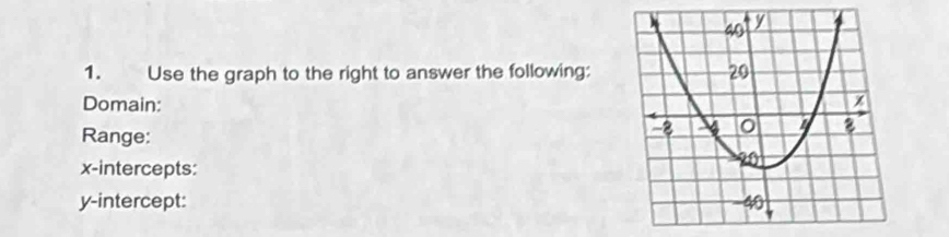 Use the graph to the right to answer the following: 
Domain: 
Range: 
x-intercepts: 
y-intercept: