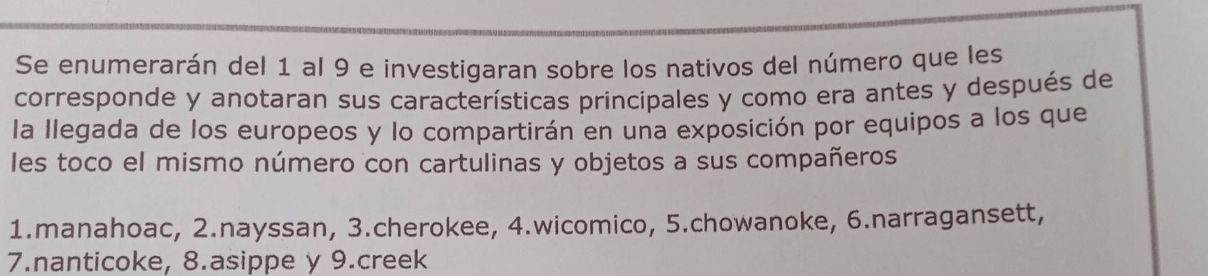 Se enumerarán del 1 al 9 e investigaran sobre los nativos del número que les 
corresponde y anotaran sus características principales y como era antes y después de 
la llegada de los europeos y lo compartirán en una exposición por equipos a los que 
les toco el mismo número con cartulinas y objetos a sus compañeros 
1.manahoac, 2.nayssan, 3.cherokee, 4.wicomico, 5.chowanoke, 6.narragansett, 
7.nanticoke, 8.asippe y 9.creek