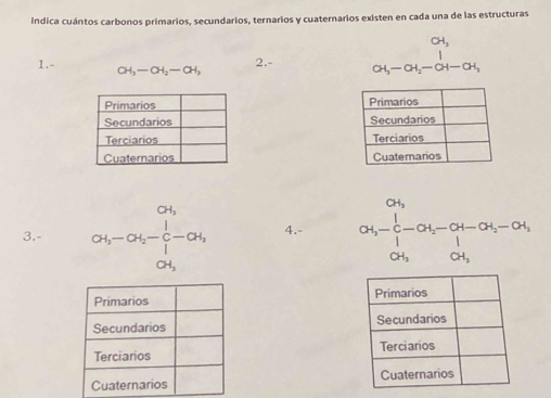 Indica cuántos carbonos primarios, secundarios, ternarios y cuaternarios existen en cada una de las estructuras
CH_3
1.
□ 
CH_3-CH_2-CH_3
2. CH_3-CH_2-CH-CH_3

3.- beginarrayr 04 a_5-0^1-a_5 04,endarray 4.- alpha _1-frac 1alpha _2-alpha _1-alpha _2-alpha _1-alpha _2-alpha _1, alpha _30alpha _3
Primarios 
Secundarios 
Terciarios 
Cuaternarios