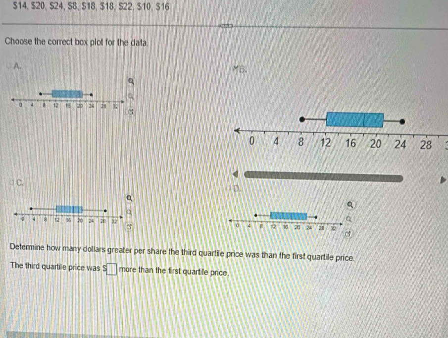 $14, $20, $24, $8, $18, $18, $22, $10, $16
Choose the correct box plot for the data 
A. 
MB. 
C. 
D. 
Q 
a
4 8 2 t6 20 24 28 32
Determine how many dollars greater per share the third quartile price was than the first quartile price. 
The third quartile price was $□ more than the first quartile price.