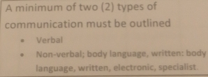 A minimum of two (2) types of
communication must be outlined
Verbai
Non-verbal; body language, written: body
language, written, electronic, specialist.