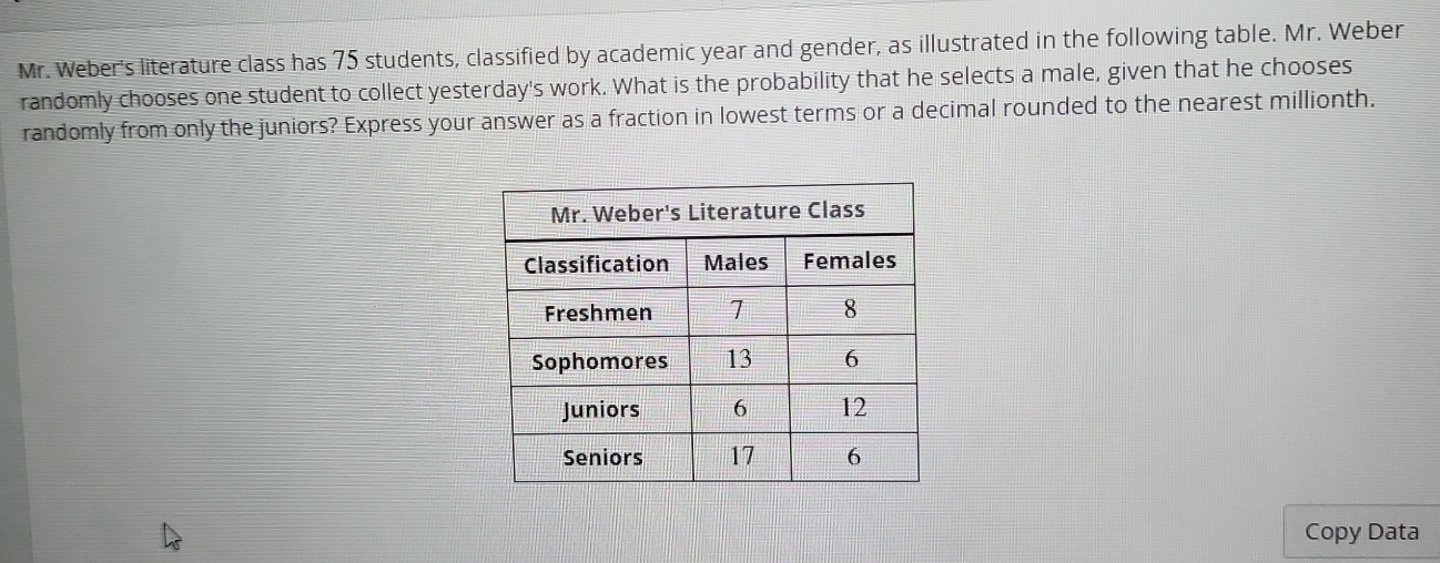 Mr. Weber's literature class has 75 students, classified by academic year and gender, as illustrated in the following table. Mr. Weber 
randomly chooses one student to collect yesterday's work. What is the probability that he selects a male, given that he chooses 
randomly from only the juniors? Express your answer as a fraction in lowest terms or a decimal rounded to the nearest millionth. 
Copy Data