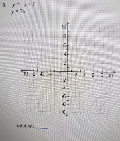 y=-x+6
y=2x
Solution:
_