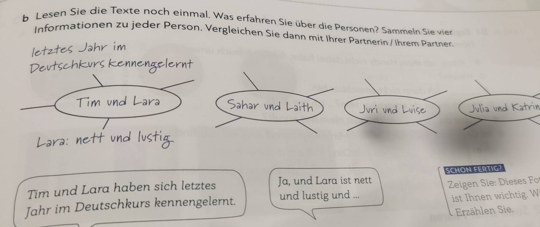 Lesen Sie die Texte noch einmal. Was erfahren Sie über die Personen? Sammeln Sie vier 
Informationen zu jeder Person. Vergleichen Sie dann mit Ihrer Partnerin / Ihrem Partner. 
Julía v 
Ja, und Lara ist nett 
Tim und Lara haben sich letztes SCHON FERTIG? 
Zeigen Sie: Dieses Fo 
und lustig und ... 
ist Ihnen wichtig. W 
Jahr im Deutschkurs kenneng glert 
Erzählen Sie.