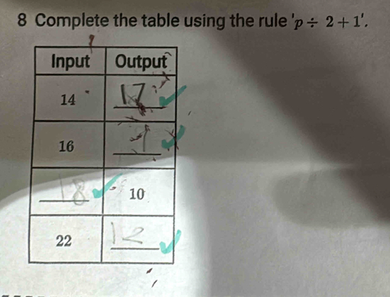 Complete the table using the rule ' p/ 2+1'.