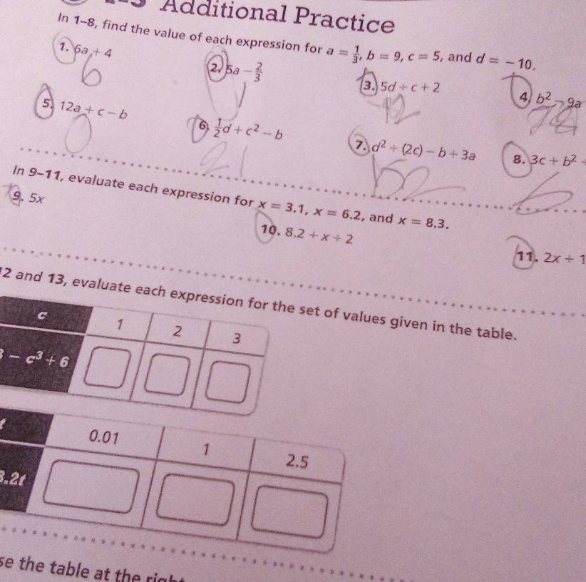 Additional Practice
In 1-8, find the value of each expression for a= 1/3 ,b=9,c=5 , and d=-10.
1. 6a+4 2. 5a- 2/3 
3 5d/ c+2
4 b^2-9a
5. 12a+c-b 6  1/2 d+c^2-b
7. d^2/ (2c)-b+3a 8. 3c+b^2-
In 9-11, evaluate each expression for x=3.1,x=6.2 , and x=8.3.
9.5x
10. 8.2+x/ 2
11. 2x+1
2 and t of values given in the table.
a
3.
sthe table at the i .