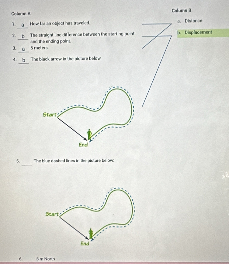 Column A Column B
1. __a_ How far an object has traveled. a. Distance
2. b The straight line difference between the starting point b. Displacement
and the ending point.
3. a_ 5 meters
4.b The black arrow in the picture below.
Start
End
_
5. The blue dashed lines in the picture below:
6. 5 m North