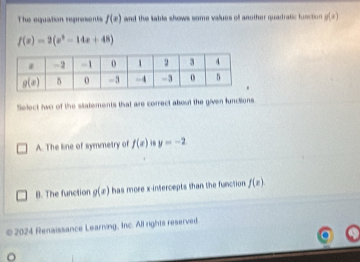 The equation represents f(x) and the table shows some values of another quadratic function g(x)
f(x)=2(x^2-14x+48)
Select two of the statements that are correct about the given functions
A. The line of symmetry of f(x) y=-2
B. The function g(x) has more x-intercepts than the function f(x)
© 2024 Renaissance Learning, Inc. All rights reserved