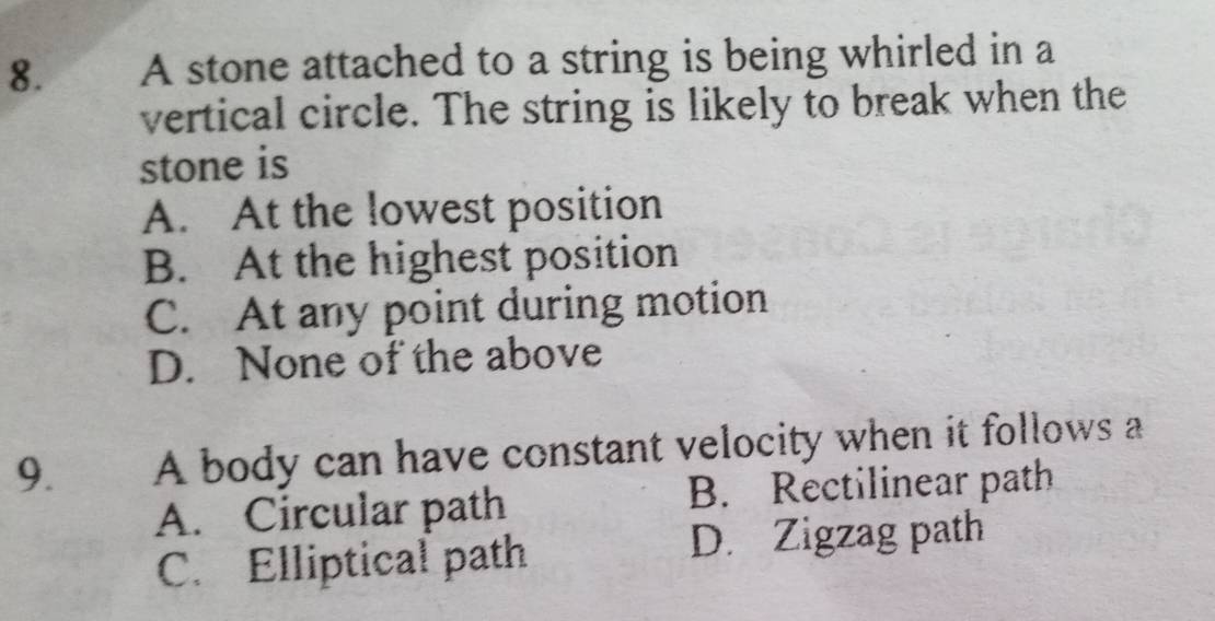 Solved: A stone attached to a string is being whirled in a vertical ...