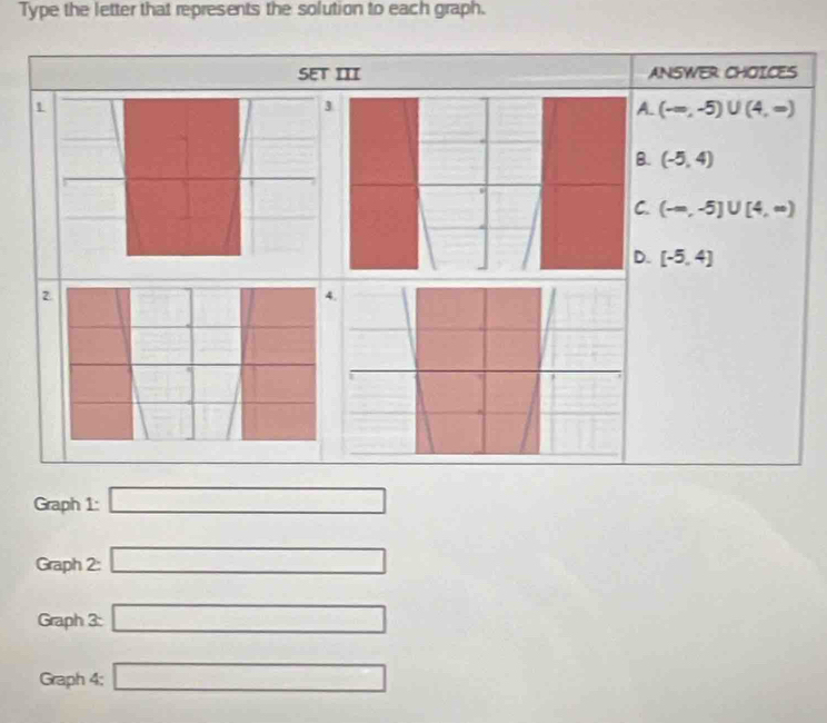 Type the letter that represents the solution to each graph.
SET III ANSWER CHOICES
A. (-∈fty ,-5)∪ (4,∈fty )
B. (-5,4)
C. (-∈fty ,-5]∪ [4,∈fty )
D. [-5,4]
2.
Graph 1: □ 
Graph 2: □ 
Graph 3: □ 
Graph 4; □