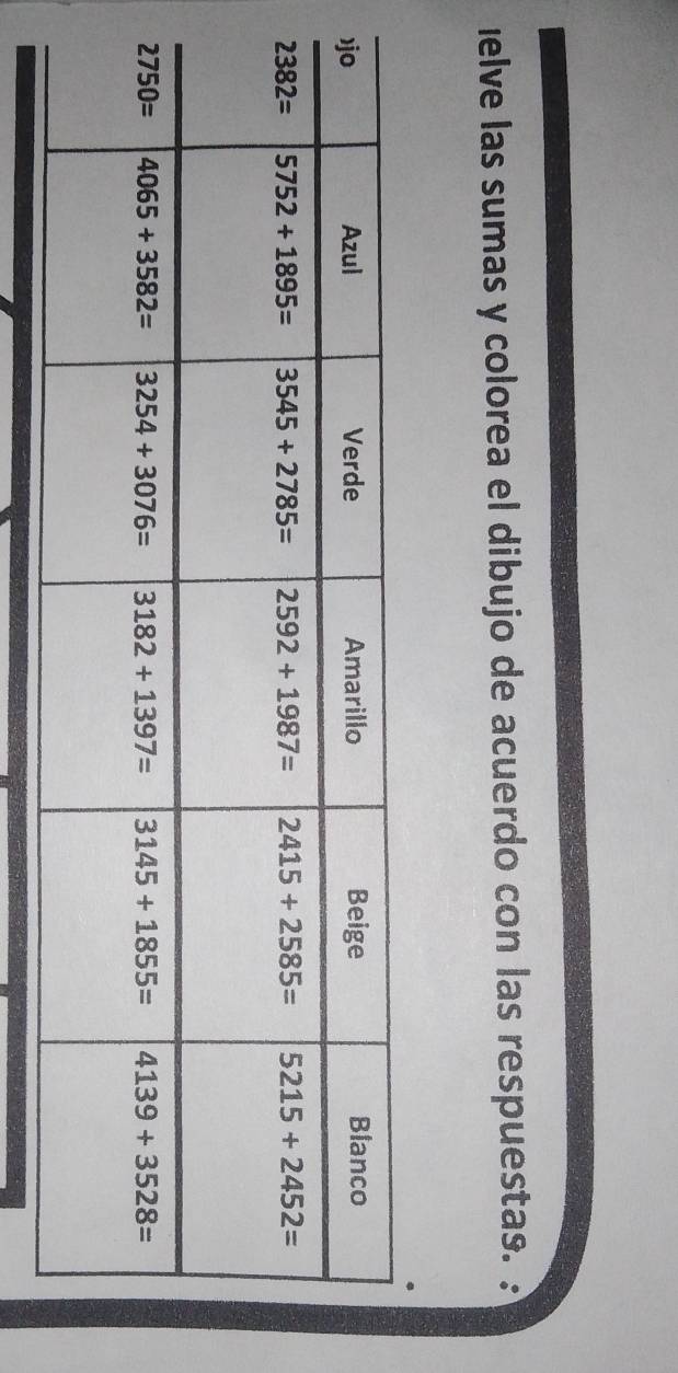 lelve las sumas y colorea el dibujo de acuerdo con las respuestas.
