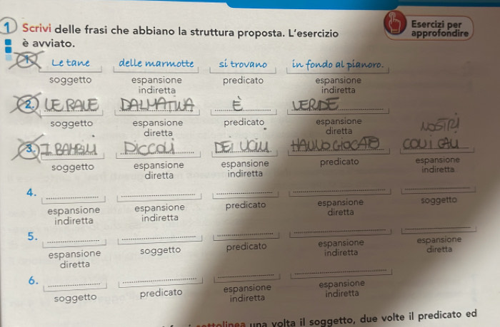 Esercizi per
① Scrivi delle frasi che abbiano la struttura proposta. L’esercizio approfondire
è avviato.
Le tane delle marmotte si trovano in fondo al pianoro.
soggetto espansione predicato espansione
indiretta indiretta
2 LE RALE ___ERNE_
soggetto espansione predicato espansione
diretta diretta
T BALB_
_
__
soggetto espansione espansione predicato espansione
diretta indiretta indiretta
4._
_
_
_
_
espansione espansione predicato espansione soggetto
_
indiretta indiretta diretta
5._
_
_
_
espansione soggetto predicato espansione espansione diretta
_
diretta indiretta
6._
_
_
soggetto predicato espansione espansione
indiretta indiretta
to e a a volta il soggetto, due volte il predicato ed