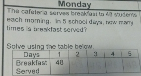 Monday 
The cafeteria serves breakfast to 48 students 
each morning. In 5 school days, how many 
times is breakfast served? 
Solve using the table below.