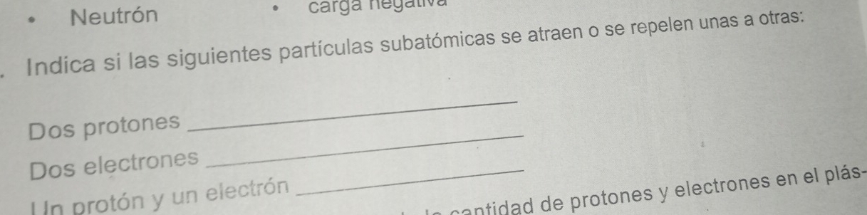 Neutrón carga negaliva 
Indica si las siguientes partículas subatómicas se atraen o se repelen unas a otras: 
_ 
Dos protones 
_ 
Dos electrones_ 
cantidad de protones y electrones en el plás- 
n protón y un electrón