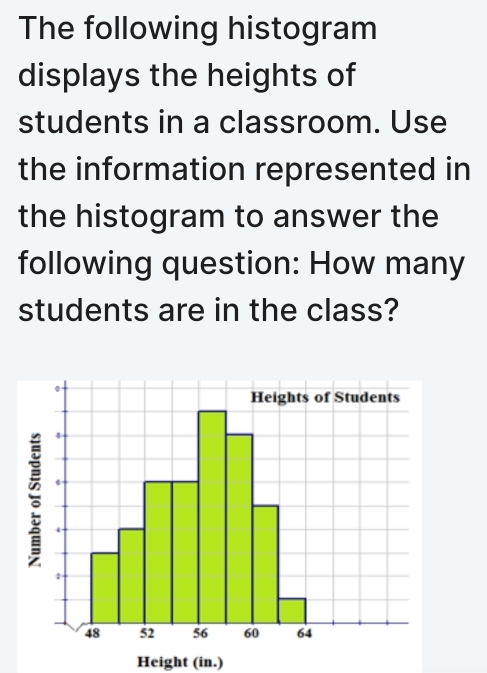 The following histogram 
displays the heights of 
students in a classroom. Use 
the information represented in 
the histogram to answer the 
following question: How many 
students are in the class? 
Height (in.)