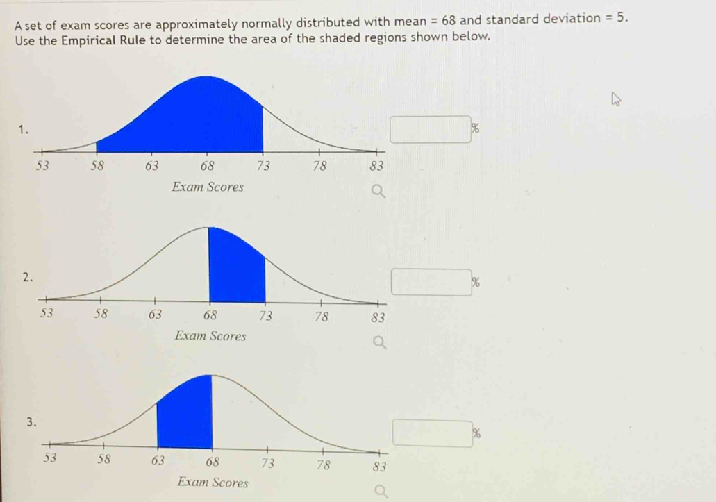 A set of exam scores are approximately normally distributed with mean =68 and standard deviation =5. 
Use the Empirical Rule to determine the area of the shaded regions shown below.
%
%
%