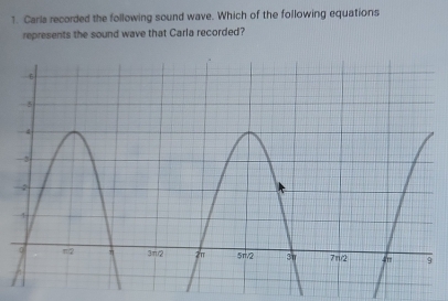 Carla recorded the following sound wave. Which of the following equations 
represents the sound wave that Carla recorded?