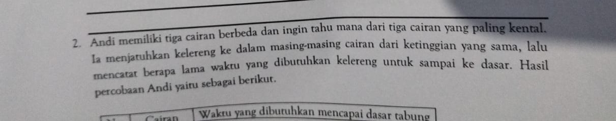 Andi memiliki tiga cairan berbeda dan ingin tahu mana dari tiga cairan yang paling kental. 
Ia menjatuhkan kelereng ke dalam masing-masing cairan dari ketinggian yang sama, lalu 
mencatat berapa lama waktu yang dibutuhkan kelereng untuk sampai ke dasar. Hasil 
percobaan Andi yaitu sebagai berikut, 
íran Waktu yang dibutuhkan mencapai dasar tabung