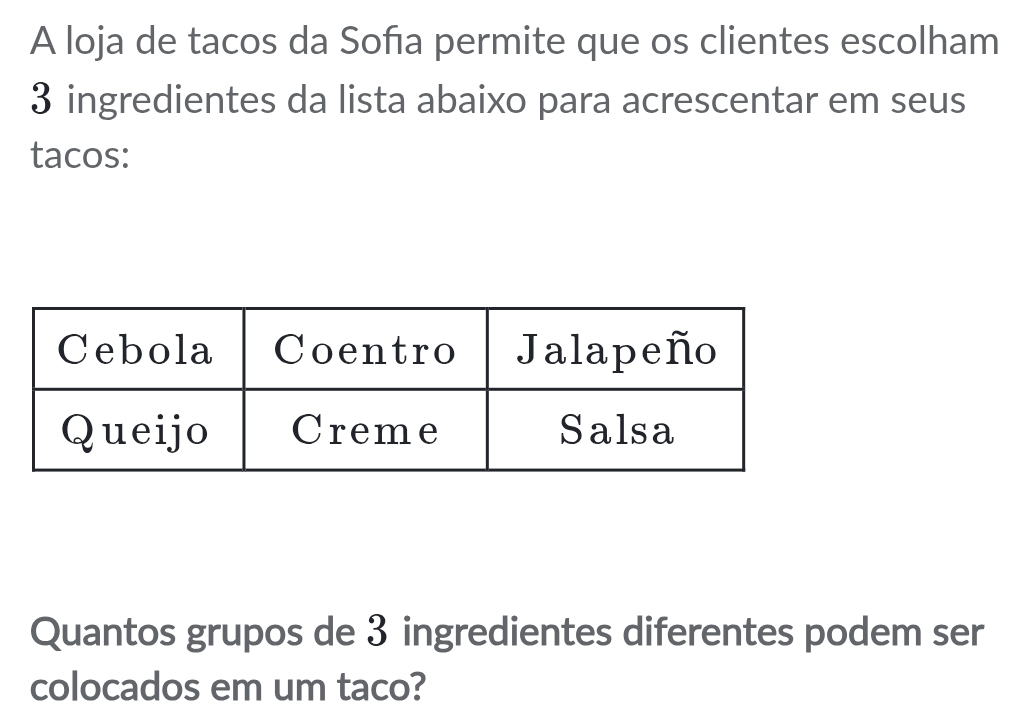 A loja de tacos da Sofía permite que os clientes escolham
3 ingredientes da lista abaixo para acrescentar em seus 
tacos: 
Quantos grupos de 3 ingredientes diferentes podem ser 
colocados em um taco?