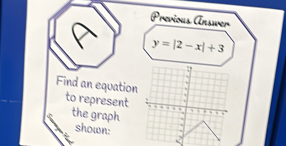 Previous Answer
y=|2-x|+3
Find an equation 
to represent 
the graph 
shown: 
2