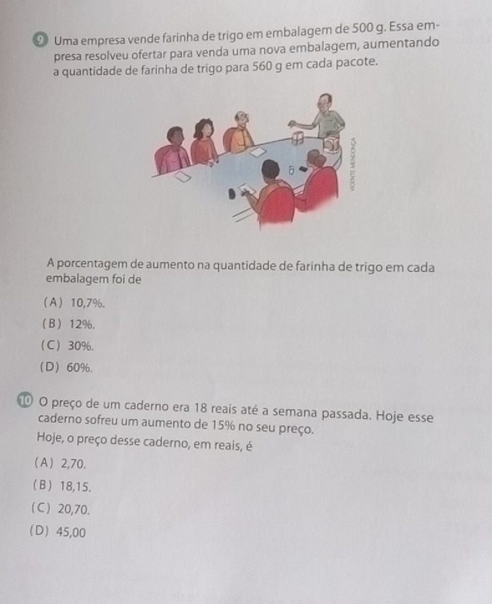 ⑨ Uma empresa vende farinha de trigo em embalagem de 500 g. Essa em-
presa resolveu ofertar para venda uma nova embalagem, aumentando
a quantidade de farinha de trigo para 560 g em cada pacote.
A porcentagem de aumento na quantidade de farinha de trigo em cada
embalagem foi de
A) 10,7%.
B 12%.
C 30%.
(D) 60%.
O preço de um caderno era 18 reais até a semana passada. Hoje esse
caderno sofreu um aumento de 15% no seu preço.
Hoje, o preço desse caderno, em reais, é
(A) 2,70.
B 18,15.
C) 20,70.
D 45,00