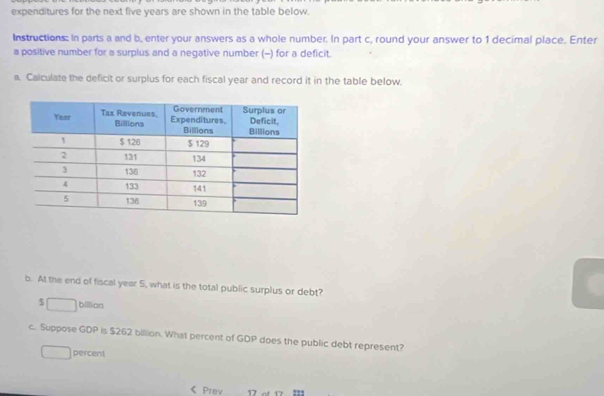 expenditures for the next five years are shown in the table below. 
Instructions: In parts a and b, enter your answers as a whole number. In part c, round your answer to 1 decimal place. Enter 
a positive number for a surplus and a negative number (-) for a deficit. 
a. Calculate the deficit or surplus for each fiscal year and record it in the table below. 
b. At the end of fiscal year 5, what is the total public surplus or debt? 
$ b≡an 
c. Suppose GDP is $262 billion. What percent of GDP does the public debt represent? 
percent 
Prev