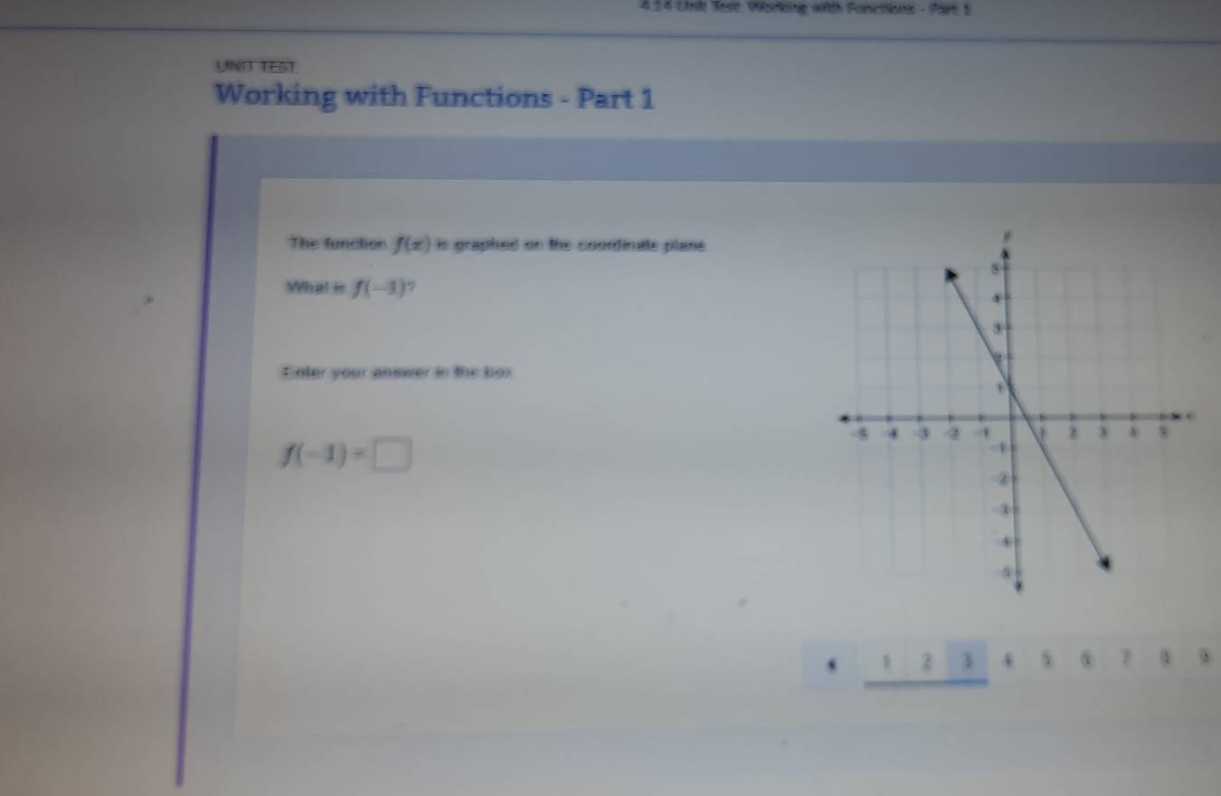 4.24 Urlk Test: Warkng with Fonictlons - Part 1 
UNO TEST. 
Working with Functions - Part 1 
The function f(x) is graphed on the coordinate plane 
What is f(-1)
Enter your answer in the box
f(-1)=□
1 4
1