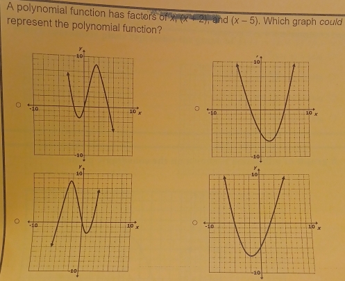 A polynomial function has factors o f(x)=(x+2) , and (x-5). Which graph could
represent the polynomial function?